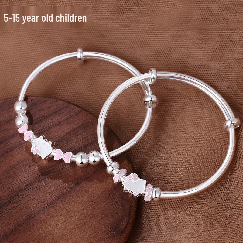 Sterling Silver Cartoon Kitten Bracelet for Girls (Ages 4-15) - Push-Pull Design
