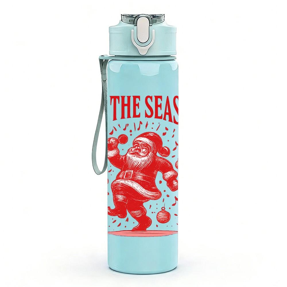 1PC Tis The Season Santa Print 750ml Color Plastic Sports Water Bottle Leakproof Flip Straw Lid Suitable for Sports Office Home Use