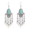 Vintage Ethnic Natural Stone Indian Earrings Jhumka Female Antique Silver Plated Geometric Carved Earrings Party Tassel Jewelry