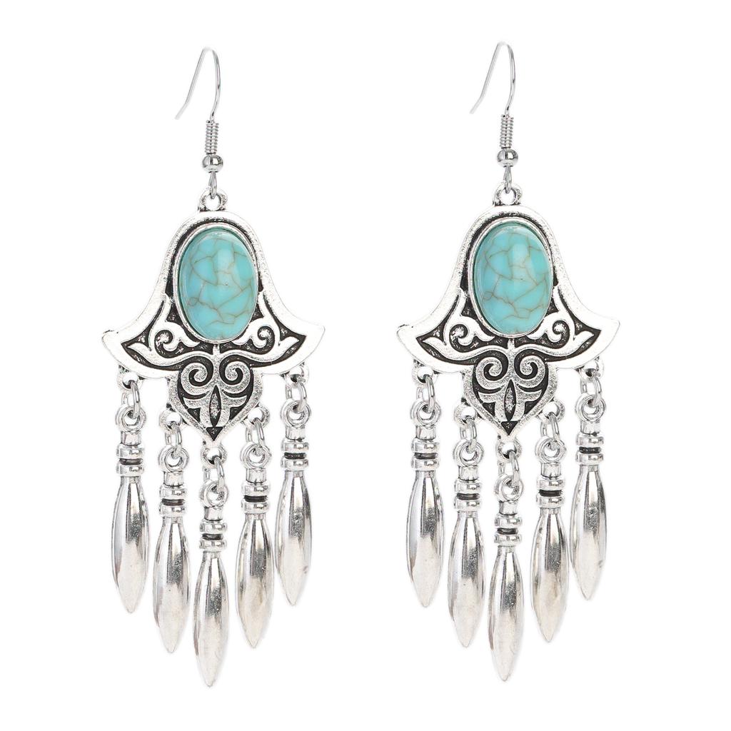 Vintage Ethnic Natural Stone Indian Earrings Jhumka Female Antique Silver Plated Geometric Carved Earrings Party Tassel Jewelry