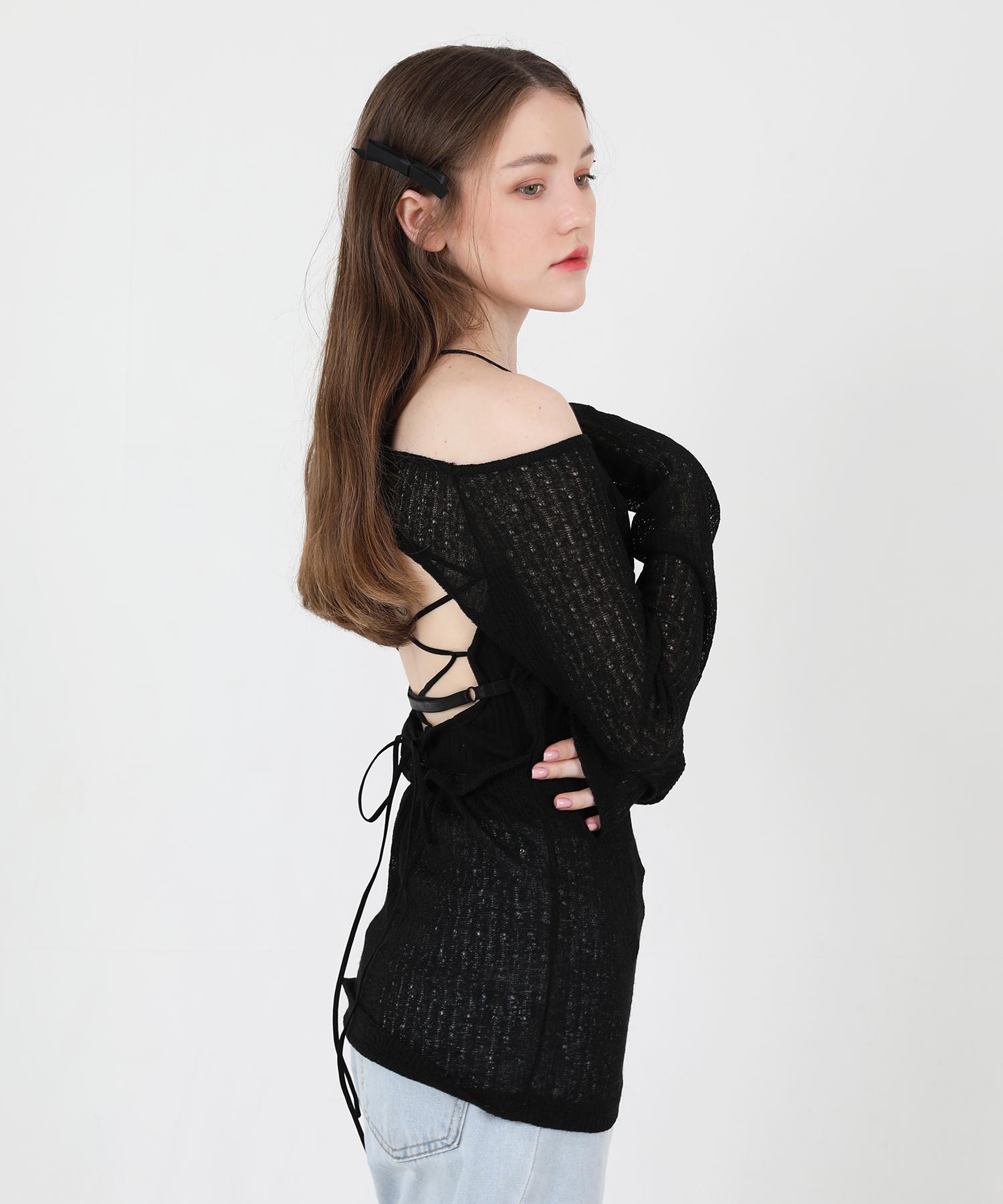 Kathrin See-Through Back Slit Long Sleeve Knit (Black) Black