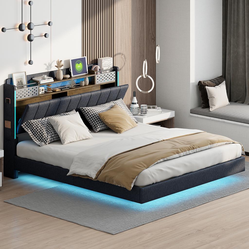 Polsterbett 160*200 mit LED-Beleuchtung und USB-Steckdose, Kopfteil mit Stauraum, Schwebendes Bett Jugendbett Erwachsenenbett, Leinenstoff, Grau