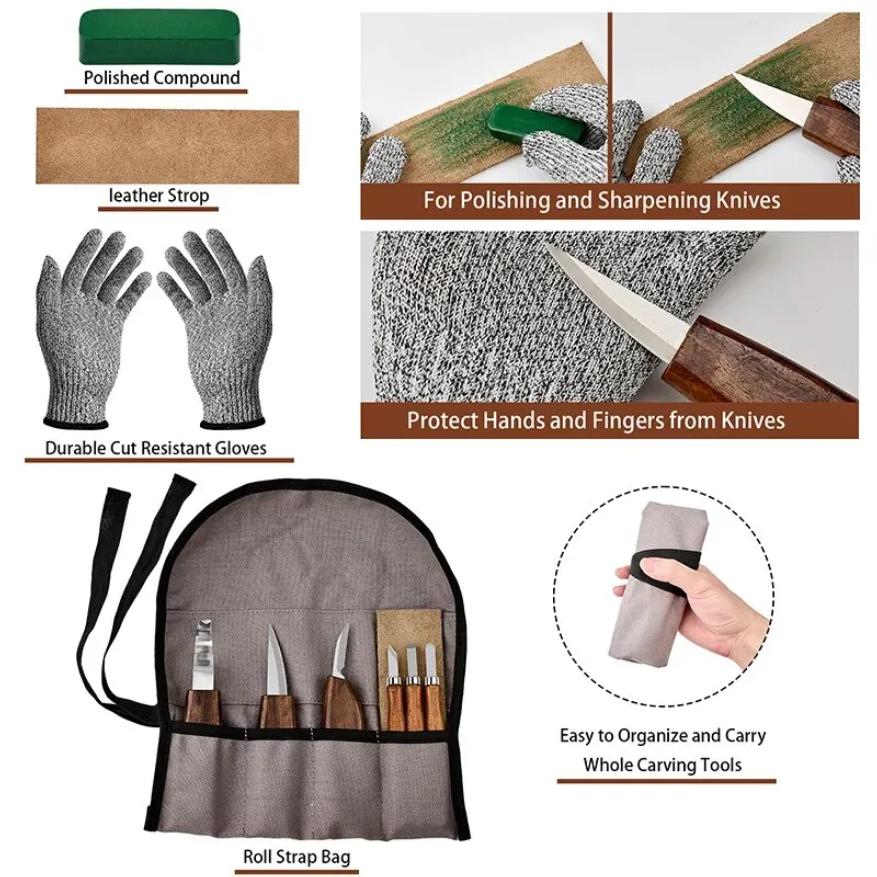 10 Stück Holzschnitzwerkzeuge Set mit Detail Holzschnitzmesser Holzmeißel Messer Handschuhe Schnitzmesser Schärfer Holzbearbeitungswerkzeuge