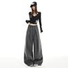 Gray Striped Wide-Leg High-Waisted Women's Pants - 2026 Spring Arrival, Straight and Slimming Versatile Suit Style.