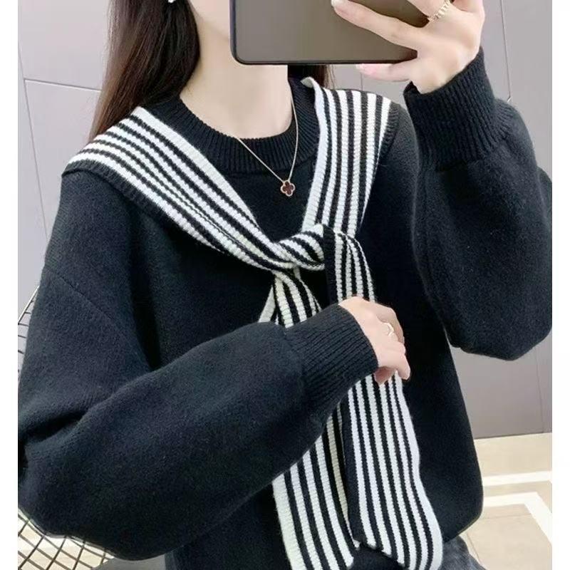Stylish Women's Purple Striped Shawl Sweater - Plus Size Knitted Fake Two-Piece, Winter 2025