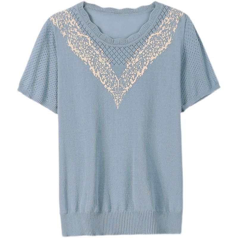 Knitted Short Sleeved Small Shirt Middle-aged and Elderly Women's Summer T-shirt Top