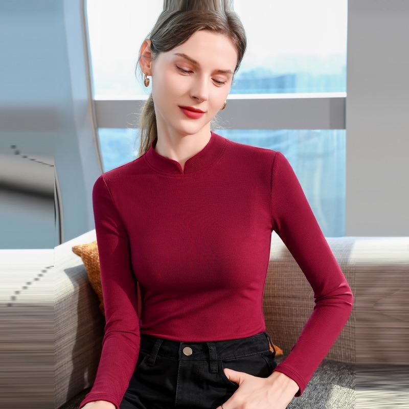 Red Threaded Modal Bottoming Shirt Women's Spring and Autumn with a New Slim-fitting and Thin Stand-up Collar Long-sleeved Shirt