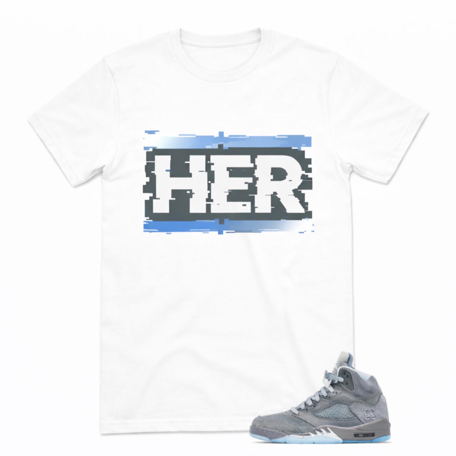 HER Glitch Graphic T-Shirt – Grey Cotton Streetwear Tee with Digital Print M