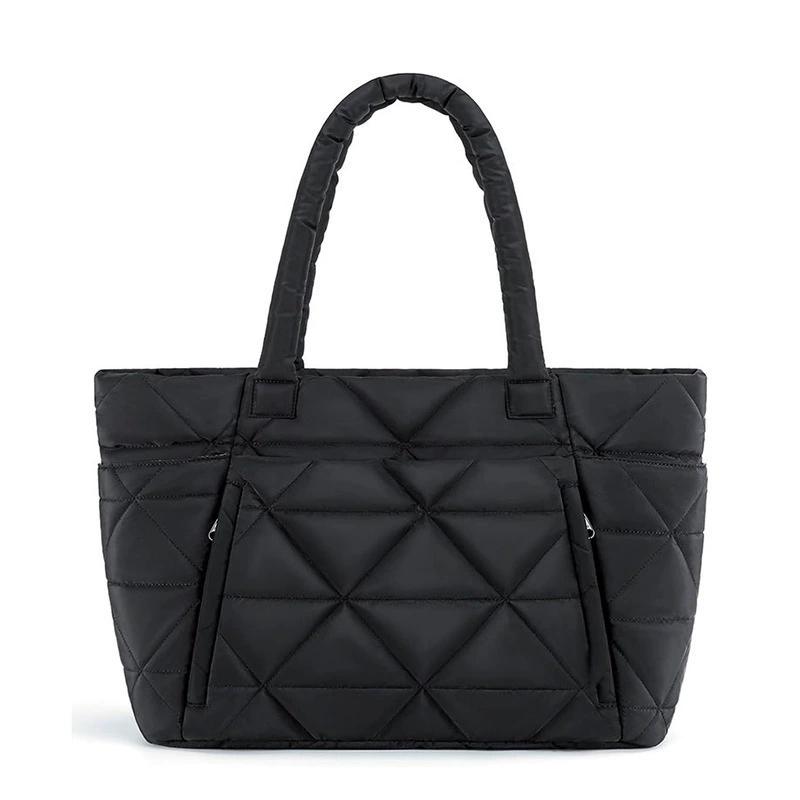 Tote Bag for Women, Puffy Tote Bag with Zipper, Large Quilted Shoulder Bag with Compartments for Travel, Work, Gym