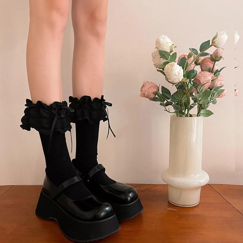 1 Pair Princess Style Dress Socks for Girls Sweet Frilly Socks Ballet Socks Ruffle Ankle Socks with Bows Lace Top Sock