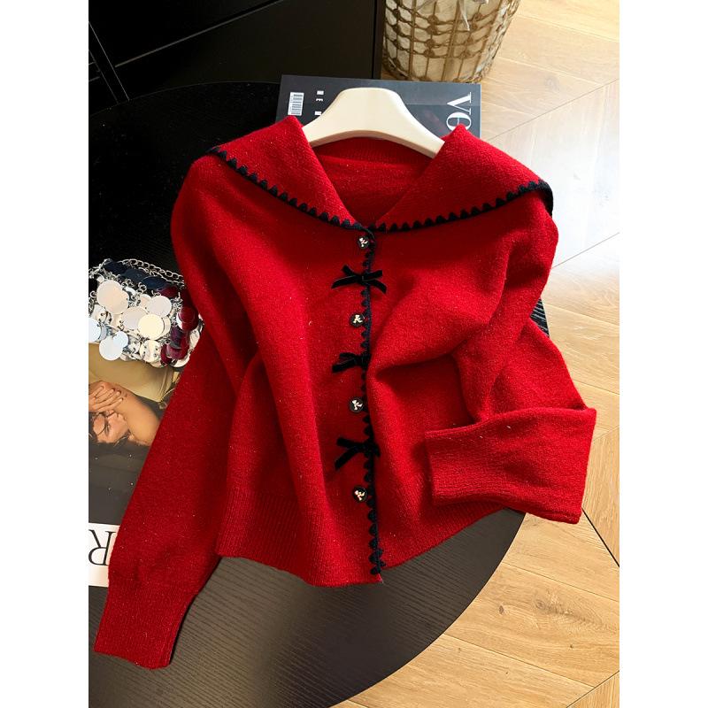 Autumn 2026 Sweet Sailor Collar Knit Cardigan with Bow & Buttons – Fashionable, Versatile, Age-Reducing Sweater