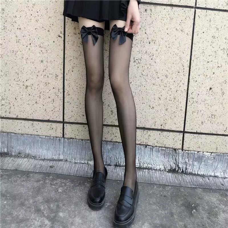 1/S Bow Tie Long Tube Stockings Black Silk White Silk Knee High Stockings Pure Desire Jk Socks Sexy Thin High Tube Socks