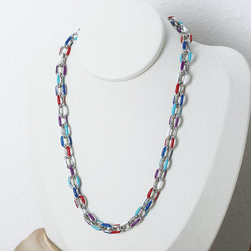 Colourful Enamel Necklace Bracelet For Women Stainless Steel 18K Gold Plated Waterproof Women's Neck Chain Bracelets Zircon Set