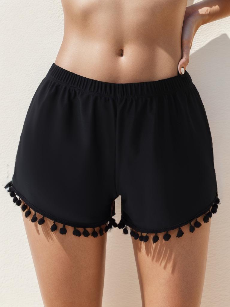 

2024 Европейские и американские однотонные пляжные шорты с помпонами для женщин L