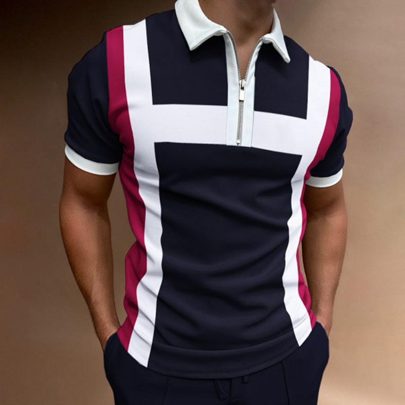 Summer Men's Casual Striped Houndstooth Digital Print T-Shirt Zipper Polo Shirt