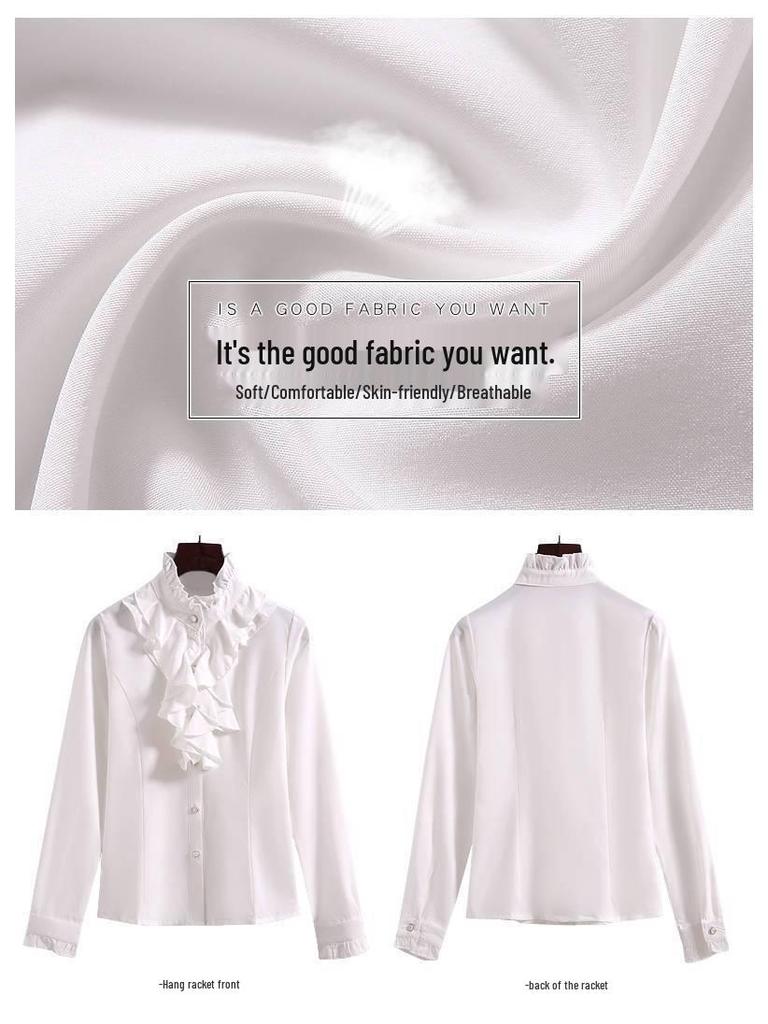 2025 Spring & Autumn Korean Style Women's Stand-Up Collar Long Sleeve Slimming Ruffle Shirt