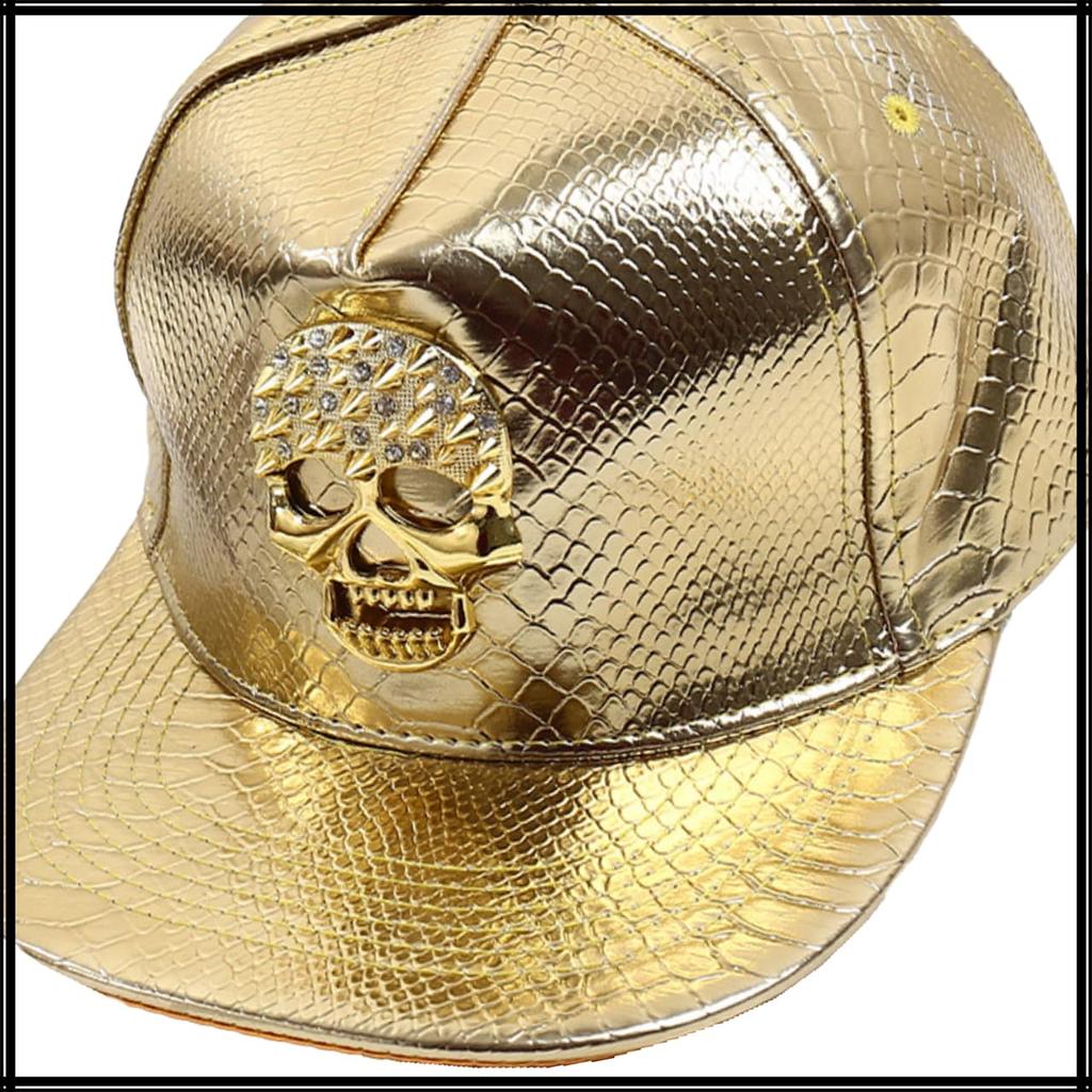 White Fang Leather Cap with Skull and Rhinestone Casual Style for Men and CZ209 Design, Women, (Gold)