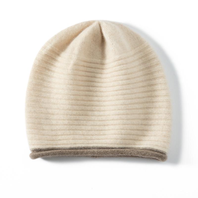 Women's 100% Pure Cashmere Ribbed Hat - Autumn/Winter Fashion, Warm, Cold-Proof, Color Block Design.