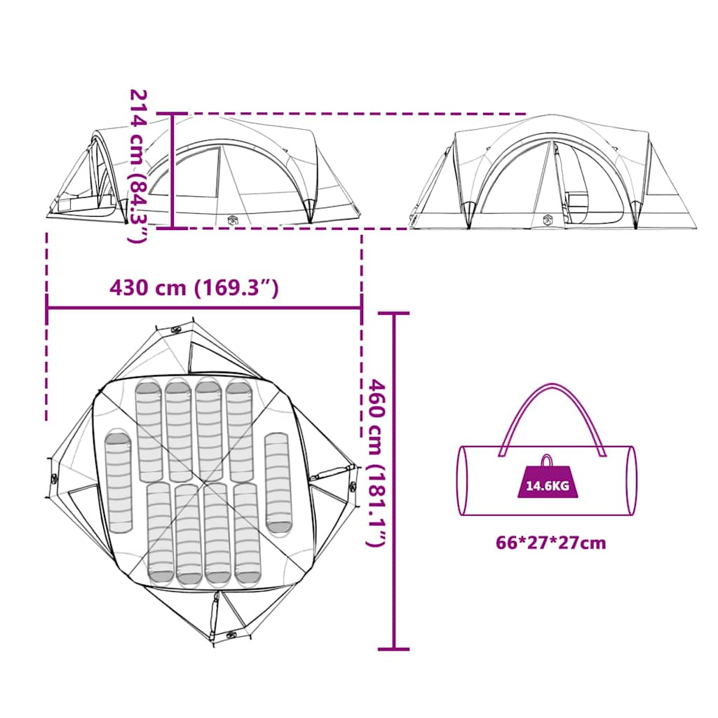 Family Tent for 10 Persons Green and Grey 460 x 430 x 214 cm