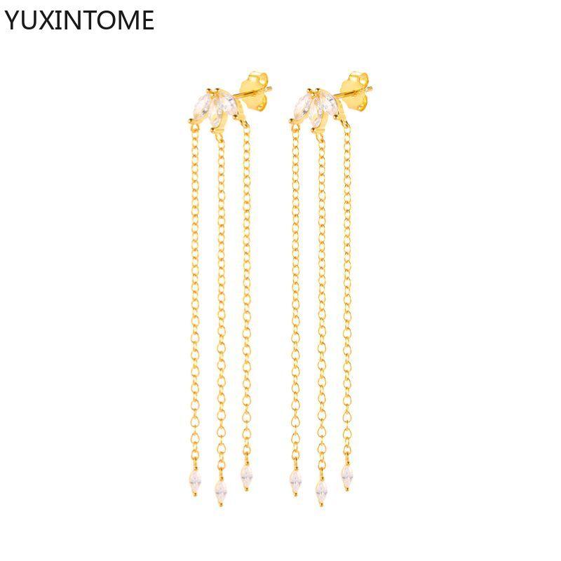 925 Silver Needle Long Chain Stud Earrings For Women Exquisite Zircon Geometric Tassel Pendant Earrings Luxury Jewelry