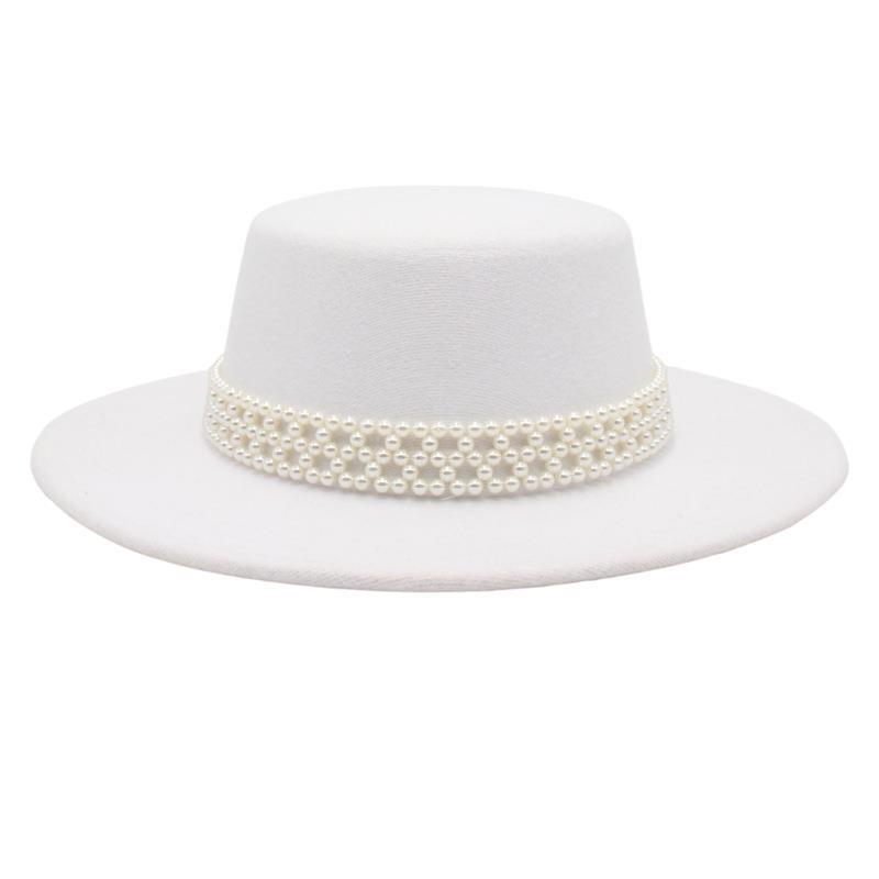 French Top Hat Female Hepburn Shade Felt Hat Bride Wide Brim Jazz Hat Pearl Chain Woolen Hat Black