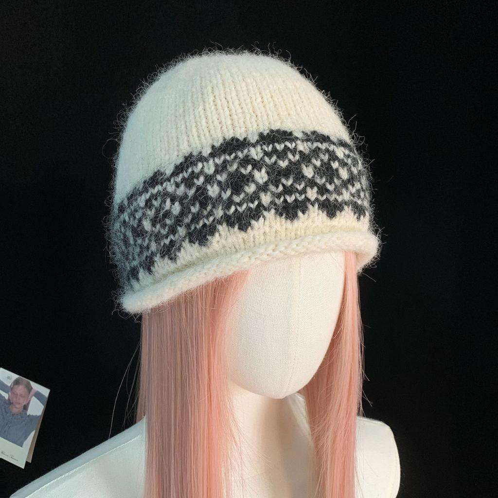 Fair Island Wool Knitted Hat Women's Autumn and Winter Hat Big Head Circumference Retro Warm Cold Hat Lazy Wind