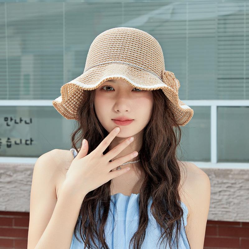New Knitted Hat Women's Summer Thin Sun Hat Two-color Hollow Wave Hat Handmade Flower Fashionable and Elegant Bucket Hat