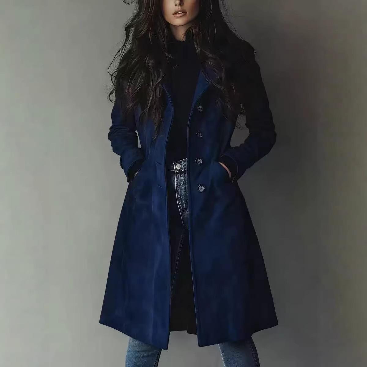 

2025 New Retro Lapel Suede Women s Long Trench Coat for Autumn and Winter XXL темно-синий