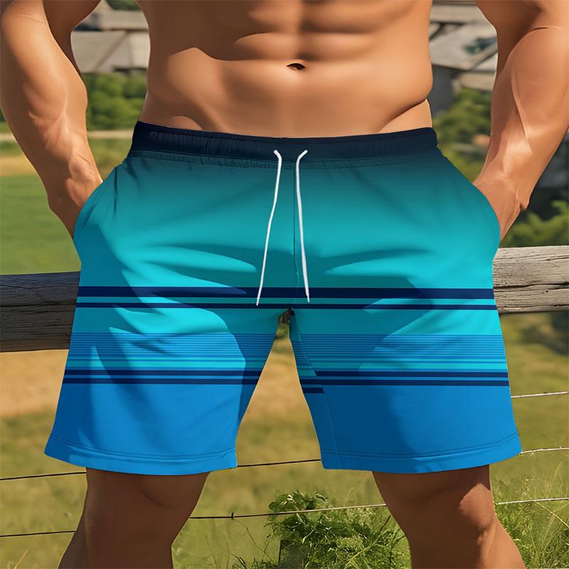 Summer Men's Casual Drawstring Beach Pants with Gradient 3D Printed Polyester Fiber Composition for Outdoor Wear