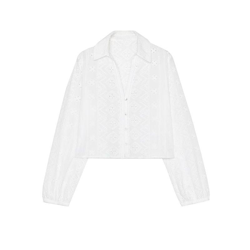 Spring and Summer New Women's Clothing Single-Breasted Cotton Cut Out Embroider Fashion Polo Collar Short Shirt Tops 4745022