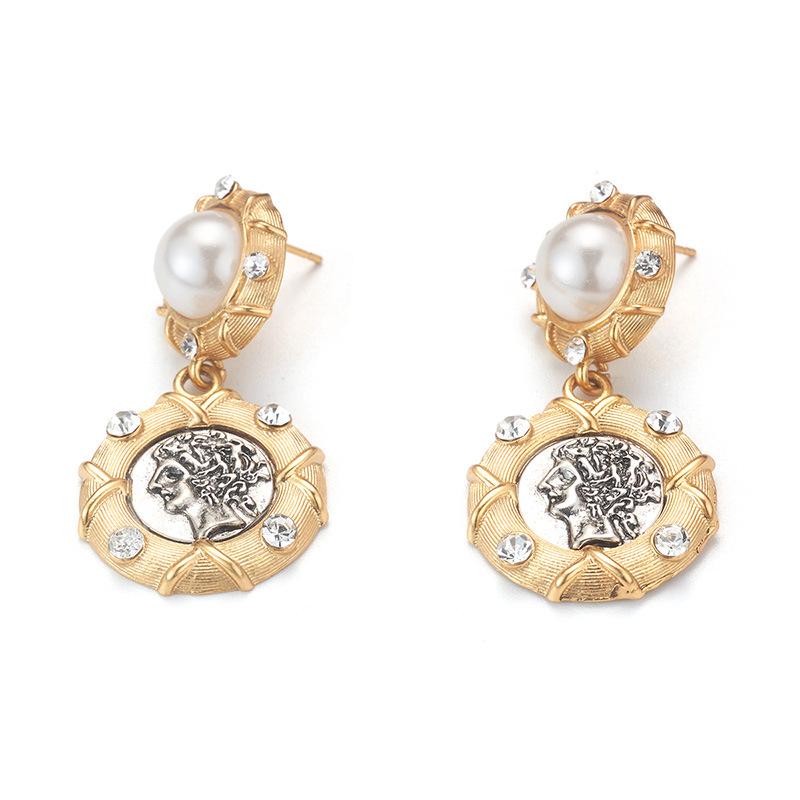 Винтажная текстура натуральный камень жемчуг греция древнеримская монета серьги винтажные серьги рельеф женские пусеты