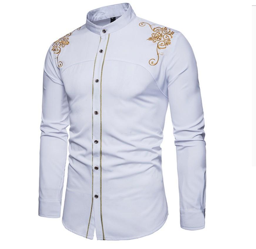 Nieuw eenvoudig geborduurd herenoverhemd met revers Retro slank passend herenoverhemd met lange mouwen