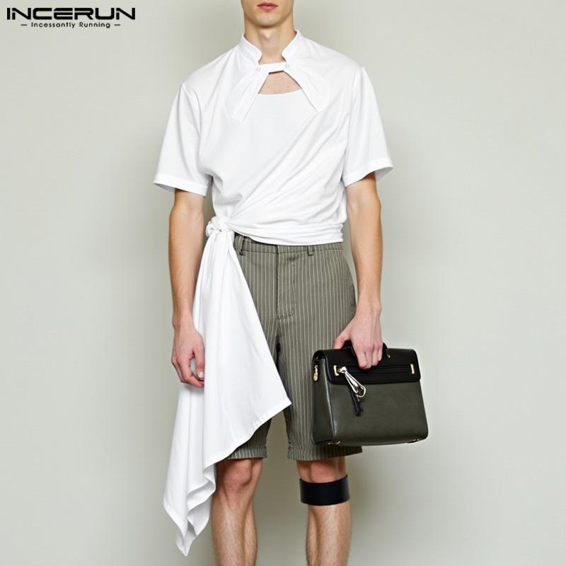 

INCERUN Men Summer Stand Neck Short Sleeve Twisted Belt Casual Shirts L чёрный