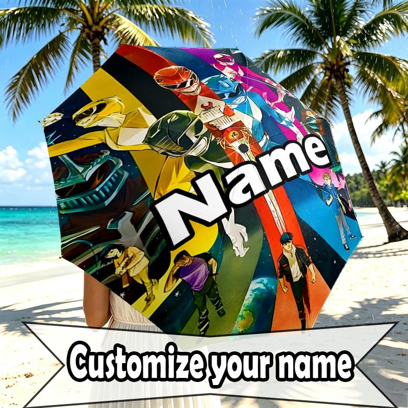 Custom Name Personalized Mighty Morphin Power Rangers Print Umbrella, Auto Open Close, 8‑Rib Sturdy Frame, Commute Camping Hiking Use, Birthday Gift