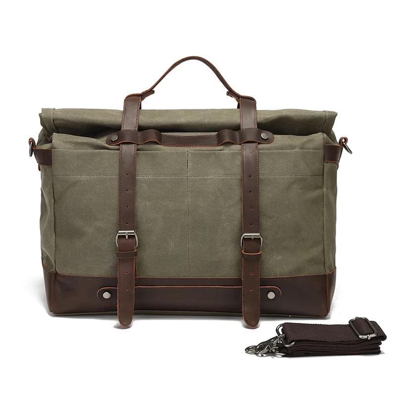 Large Capacity Men's Portable Travel Bag Outdoor Waterproof Luggage Bag Oil Wax Canvas with Crazy Horse Cowhide Crossbody Bag