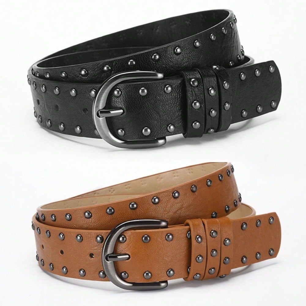 Double row rivet pin buckle women's belt retro punk decorative jeans fashion European and American style black