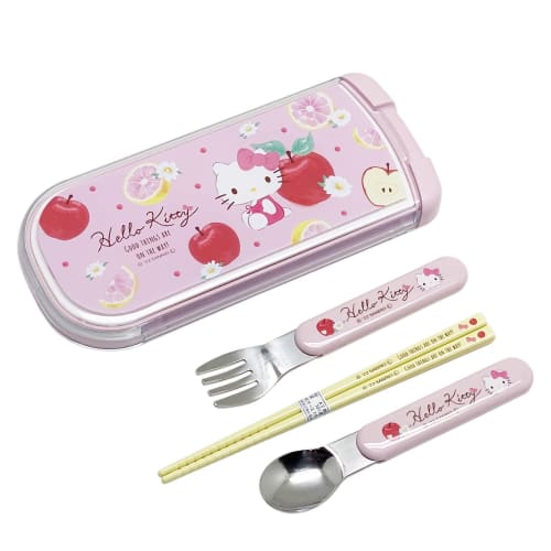 OSK Bento Chopsticks & Cutlery, Hello Kitty Fruit Design, Pull-Out Lid Trio, Made in Japan, CT-20