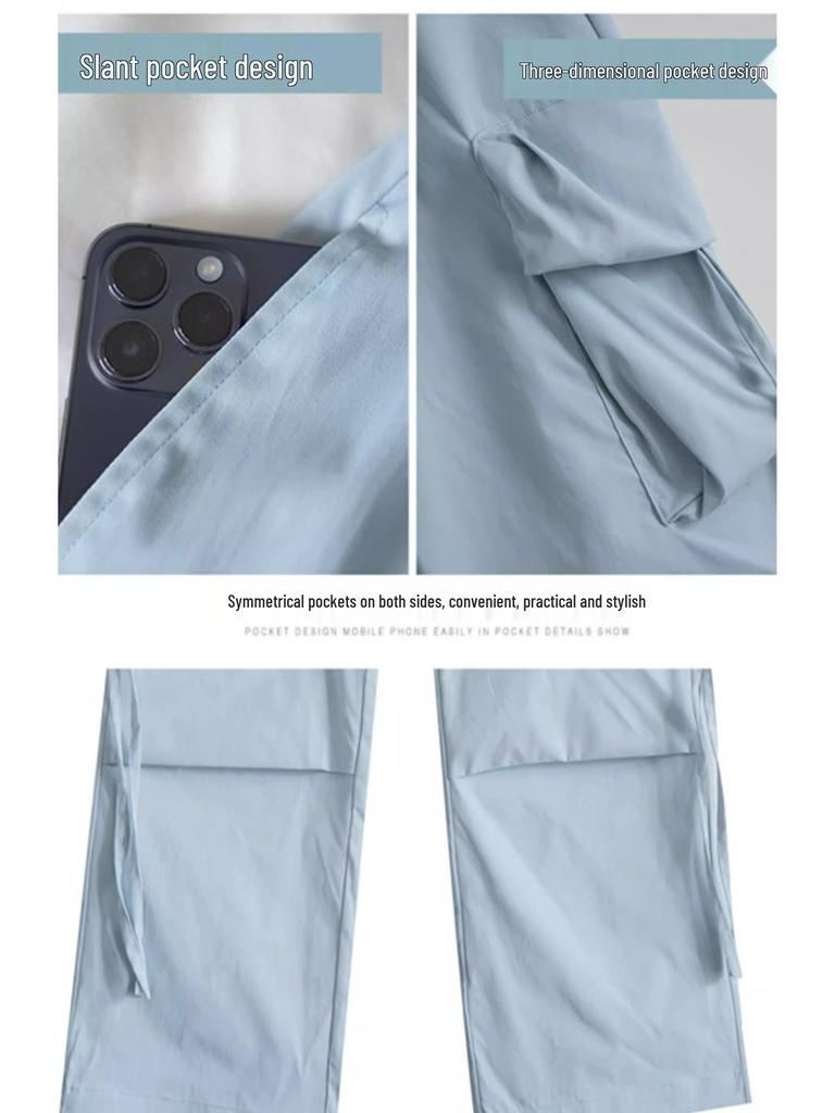Petite High Waist Gray Wide Leg Cargo Pants for Women - Spring/Summer 145cm Length