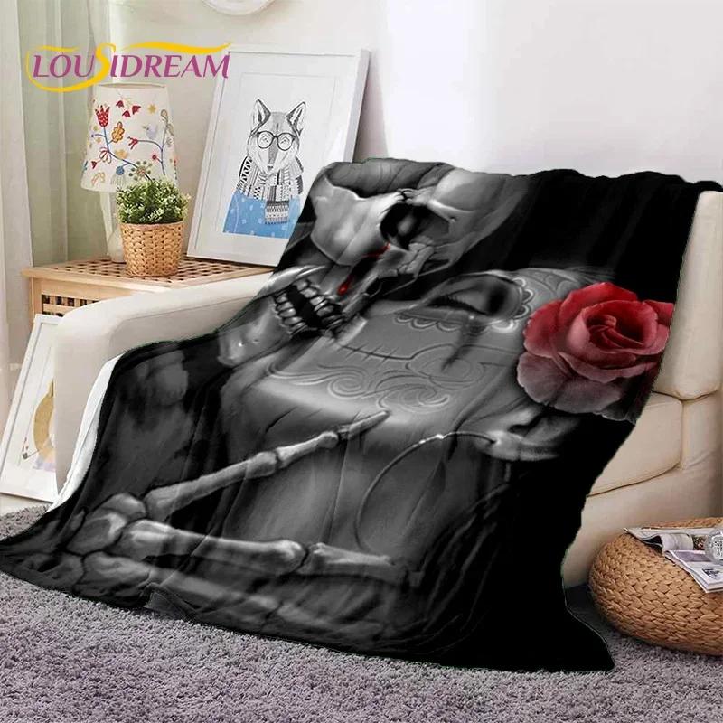 Totenkopf Totes Mädchen 3D Gothic Horror Weiblich Rose Weiche Flanelldecke für Betten Schlafzimmer Sofa Picknick, Überwurfdecke zum Zudecken Freizeit