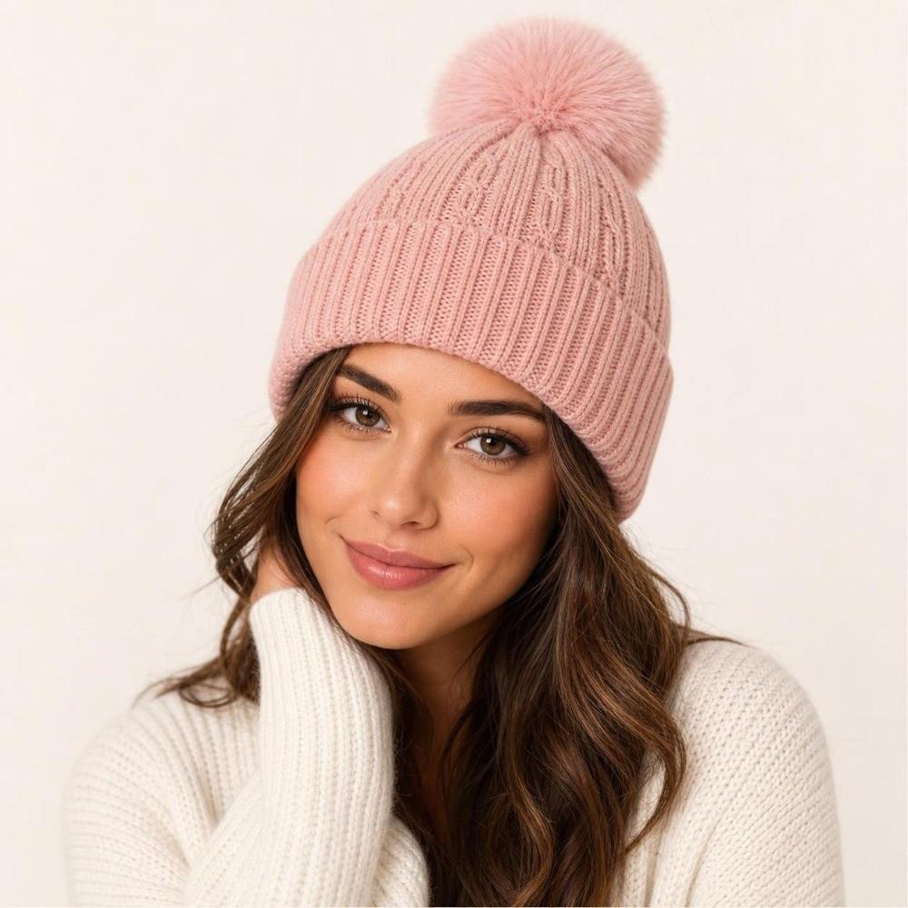 Winter Warm Knitted Hat with Fluffy Ball Beanies Cap Fashion Pullover Cap for Male Female