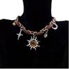 Retro Brown Opal Sun Pendant Necklace for Men Women Hip Hop Crystal Cross Leather Patchwork Necklace Grunge Party Jewelry