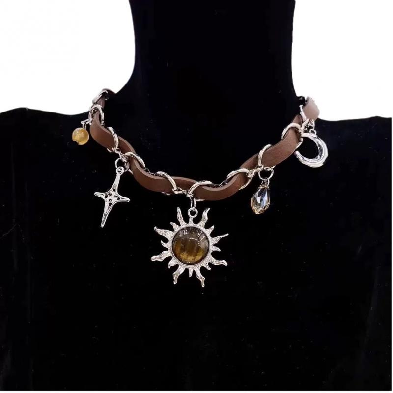Retro Brown Opal Sun Pendant Necklace for Men Women Hip Hop Crystal Cross Leather Patchwork Necklace Grunge Party Jewelry