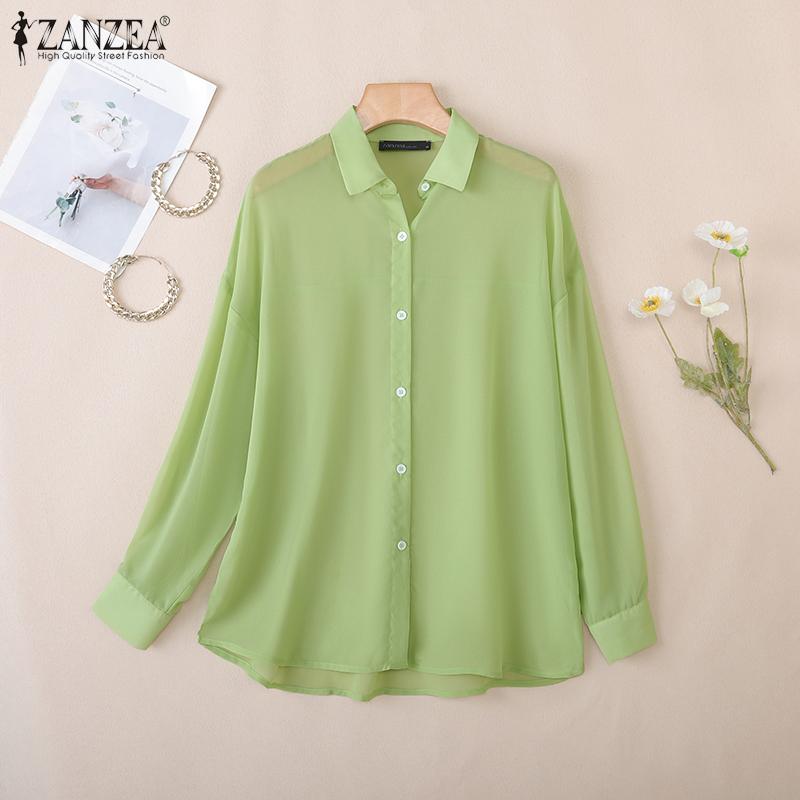ZANZEA Women Casual Turn Down Collar Long Sleeve Perspective Cover Up Blouse