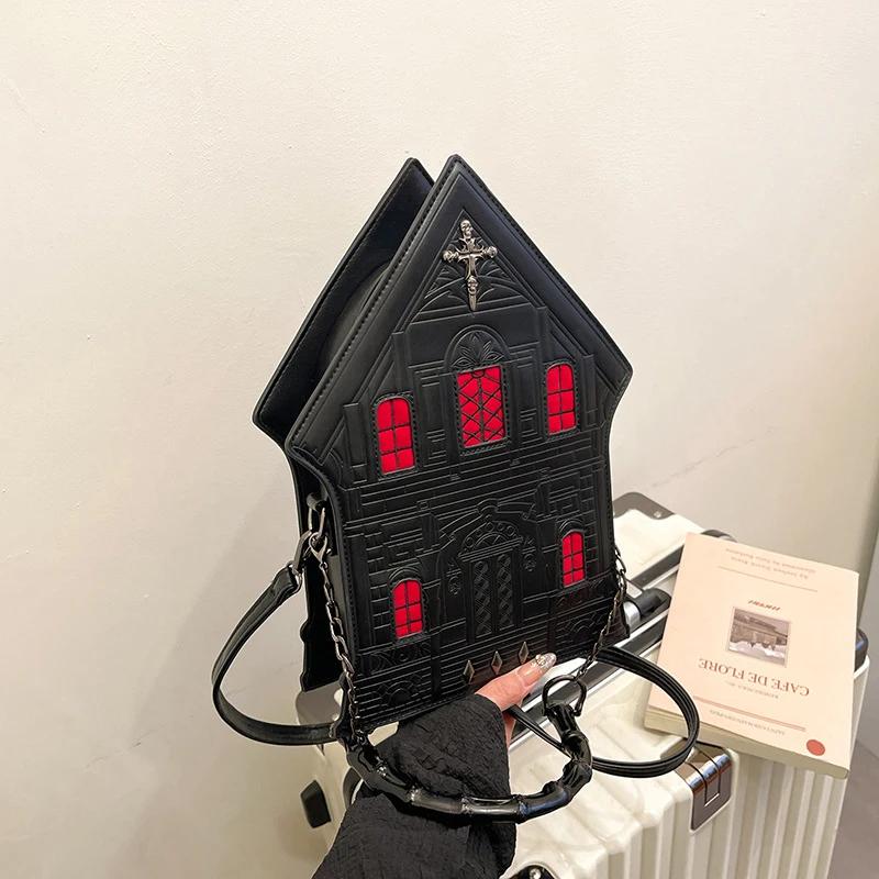 Gothic Castle Shoulder Bag 3D House Shape Messenger Bag Creative Design Halloween Essential Handbag Fashion Print Unique Women