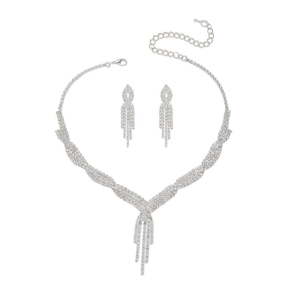 Elegant Full Diamond Tassel Necklace & Earrings Set: Women's High-End Evening Light Luxury Accessory