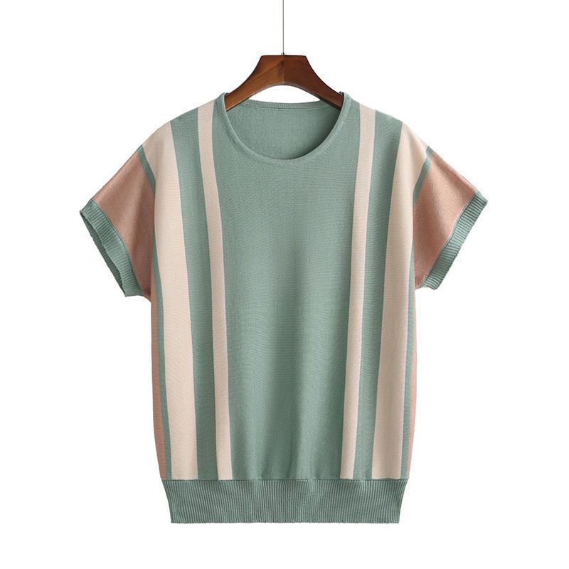 Summer Casual Striped Patchwork T-shirt Women Contrasting Colors Round Neck Commute Short Sleeve Pullovers New