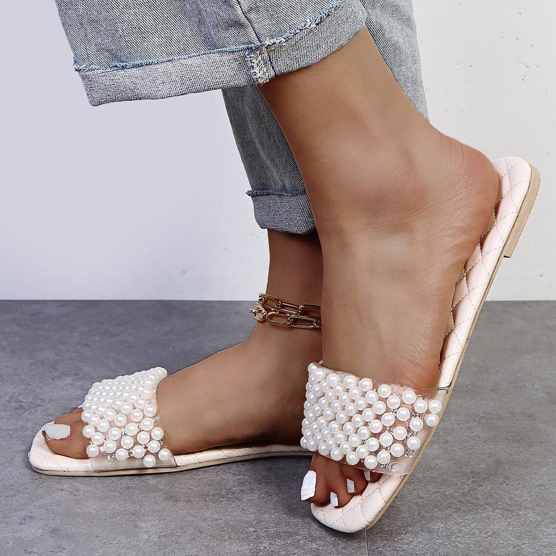 Spring/summer New Women  Pearl Rhinestone Women's All-match Casual Slippers Fashion Solid Color Flat Shoes Sandals