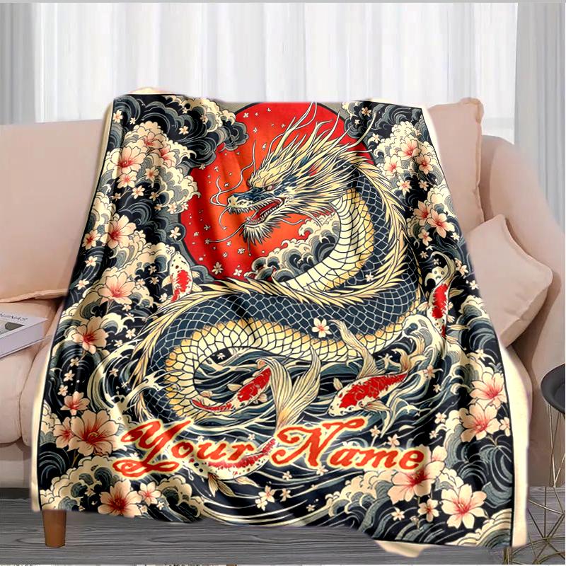 1PC Custom Name Dragon Flowers Tattoo flannel blanket versatile,all-season throw suitable for the living room,bedroom,camping,travel,and gift