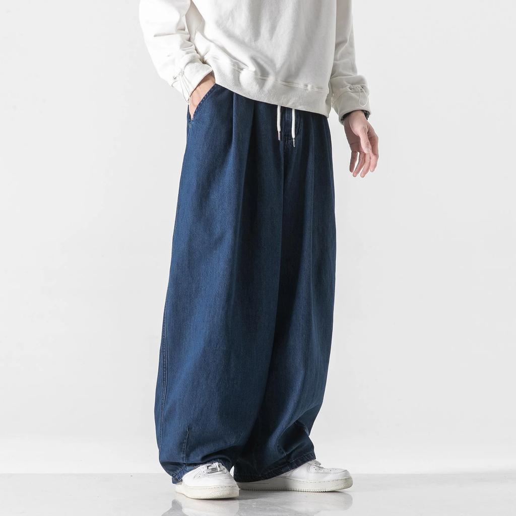2026 Spring Autumn Men Loose Denim Pants Men Vintage Elastic Waist Jeans Pants Male Hip Hop Cotton Wide Leg Trousers