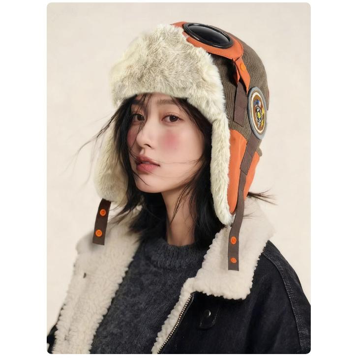 

New style aviator hat with integrated glasses, women s Lei Feng hat for autumn and winter, fleece-lined, warm, ear-protecting, cold-proof ski hat, Average Size（55-60cm）